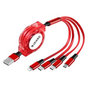 Câble De Charge Multiple 4 En 1, [3a 1m] Câble De Chargeur Usb Rétractable Avec 2*Type C/Ip/Micro Usb Connecteurs, Pour Iphone, Samsung Galaxy, Lg, Sony, Huawei, Xiaomi, Moto, Nokia, Kindle - Neuf