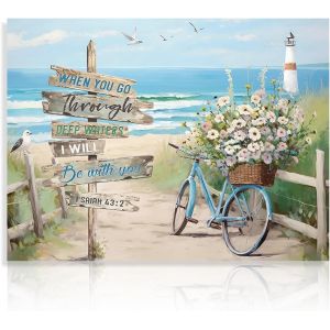 KALANKA-Poster Art Mural Plage, Affiche d'art Mural Bicyclette C&ocirc;ti&egrave;re, D&eacute;coration Murale Paysage Marin Oc&eacute;anique, Tableau de Bord de Mer Bleu pour Salle de Bain Chambre 30x40 cm Sans Cadre - Neuf