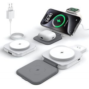 Pour Chargeur Magsafe, Chargeur Induction 3 En 1 For Iphone 16/15/14/13/12/Pro/Max/Plus, Apple Watch, Airpods Pro/4/3/2, Station De Charge Sans Fil Pliable Avec Chargeur Usb-C 20w-Blanc - Neuf