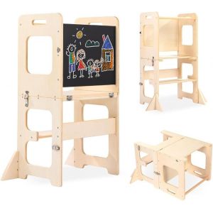 ChenQuanSarl-Tour D'Apprentis Pour Enfants, Montessori 3 En 1 Tour D'Observation, Pliable Tour D'Apprentis Tabouret Avec Tableau Noir, Montessori Learning Tower À Partir De 18 Mois (Bois) - Neuf