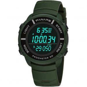 Montre Multifonction Panars Pour Homme, Podometre 3d, Etanche, Bracelet En Plastique Pu (Vert Armee) - Neuf