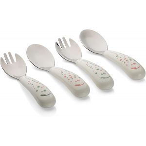 Kalanka-Lot De Couvert Bebe 4 Pièces (2x Fourchette, 2x Cuillère) Dès 12 Mois - Sûr, Testé, Forme Arrondie, En Inox Alimentaire, Manche Large, Testé En 14372 - Blanc Cassé À Motifs - Neuf