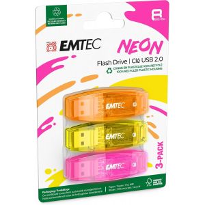 Cl&eacute; USB 2.0 C410 , M&eacute;moire Flash Drive De 8 Go, Lecture 5Mb/S, &Eacute;criture 15Mb/S , Compatible USB 2.0, USB 3.0, Transparentes N&eacute;on Fluo Avec Capuchon , Pack De 3 - Neuf