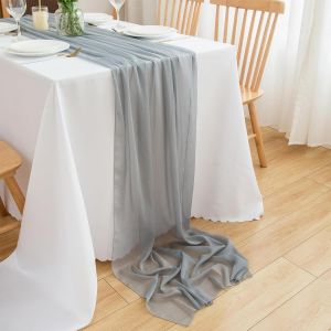 Eryi-Chemin De Table En Mousseline Grise - 70 X 400 Cm - Style Bohème Vintage - Gris-08 - Uni - Tissu - Neuf