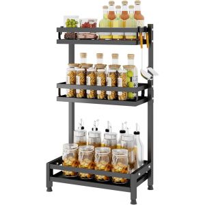 MEVRONISSHOP-Support &agrave; &Eacute;pices pour Cuisine, Etag&egrave;re de Stockage d'&Eacute;pices &agrave; 3 Niveaux, Etag&egrave;re de Stockage d'&Eacute;pices pour Condiments, Rangement d'&Eacute;pices, Support de Pot d'&Eacute;pices avec 4 Crochets, Noir - Neuf