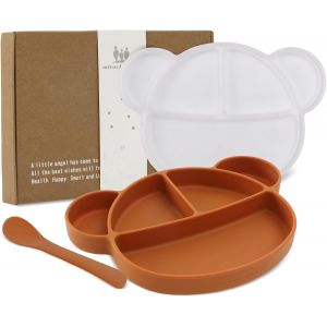 Kal-Assiette Silicone Avec Ventouse Pour Bébé Assiette Antiderapante Avec Couvercle Et Cuillère Assiette Enfant Fille Garçon Set Avec Boîte Cadeau, Sans Bpa Et Lave-Vaisselle (Caramel) - Neuf