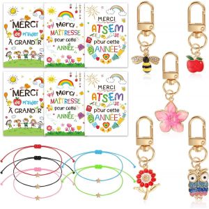 Eryi-15 Merci Cadeau Fin Année École, Merci Carte Avec Enveloppe Bracelet Porte-Clé Pour Maîtresse Enseignant Cadeau Atsem Maternelle Crèche Cadeau, Chouette Abeille Pomme Fleur Étoile - Neuf