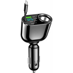 JGD-180W USB C Chargeur Allume Cigare USB Type C Chargeur de Voiture, 90W Voiture Adaptateur d'alimentation, C&acirc;ble t&eacute;lescopique(2.6ft) & 30W PD Chargeur De Voiture, avec Voltm&egrave;tre LED3 (Noir-1) - Neuf