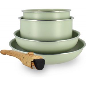 Subzonal-Batterie De Cuisine Amovible Empilable - Tous Feux Dont Induction - Rev&ecirc;tement C&eacute;ramique Antiadh&eacute;sif Sans Pfas - Gamme Colorama - Couleur C&eacute;ladon - 2 Po&ecirc;les + 2 Casseroles + 1 Poign&eacute;e - Neuf