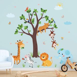 ERYI-Stickers Muraux Animaux De La Jungle, Autocollants Mural Arbre, Safari Décoration Murale Pour La Chambre D'Enfant Salon Bébé Pépinière - Neuf