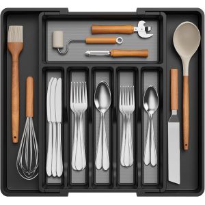 Chenquansarl-Range Couverts Pour Tiroirs Avec Tpr Antidérapant, Rangement Vaisselle De Réglable, Porte De Ustensiles Pour Placard Cuisine, Organisateur Pour Argenterie, Cuillère, Couteau, Noir Et Gri - Neuf