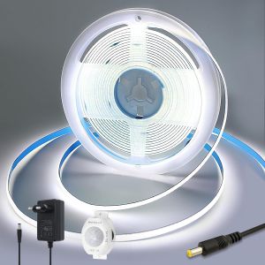 Eryi-Bande Led Cob - 12 V - 6000 K - Blanc Froid - Avec Détecteur De Mouvement - Adaptateur Secteur - 320 Led/M - Pour Salle De Société, Armoire, Chambre À Coucher - 3 M - Neuf