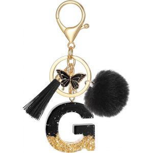 Tianyi-Porte Cl&eacute; Lettre Avec Initiale, Porte Clef Alphabet Avec Pendentif Pompon Tassel Papillon Pour Femmes Filles, Charme De Porte Cl&eacute;s En R&eacute;sine Noir Pour Cl&eacute; De Voiture Sac &Agrave; Main D&eacute;cor - Neuf