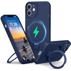 Maa-Liquid Silicone Coque Pour Iphone 12 With Magnetic Ring Stand, Upgraded Camera Protection Mil-Grade Drop Shockproof Soft Anti-Scratch Microfiber Lining Silicone Coque(Bleu Marine) - Neuf