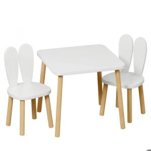 Ensemble Table Enfant GINGER HOME BUNNY avec 2 Chaises &iquest; Bois Blanc, Design Lapin, Apprentissage et Jeu &iquest; d&egrave;s 3 ans - Neuf