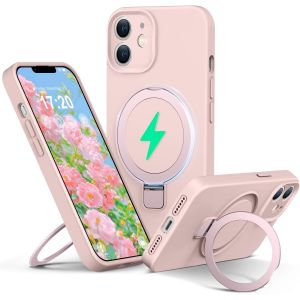 Maa-Liquid Silicone Coque Pour Iphone 12 With Magnetic Ring Stand, Upgraded Camera Protection Mil-Grade Drop Shockproof Soft Anti-Scratch Microfiber Lining Silicone Coque(Rose) - Neuf