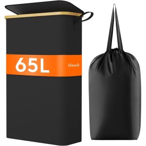 MEVRONISSHOP-Panier &agrave; Linge Extra Plat 65L, Paniere a Linge Sale avec Couvercle, Corbeille a Linge Bambou avec Sac Amovible et Poign&eacute;e, Bac Linge Etroit pour Chambre, Salle de Bain, Buanderie, Noir - Neuf