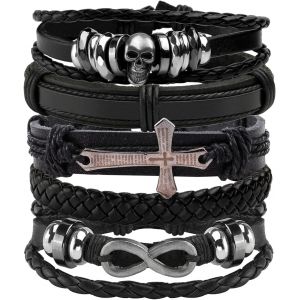 Eryi-5-6 Pcs Bracelet En Cuir Noir Tressé Large Bracelet Femmes Hommes Punk Bijoux Crâne - Neuf