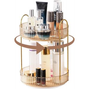 Sjzg-Organisateur Maquillage Rotatif, Rangement Maquillage Rotatif 360&deg;, Organisateur De Cosm&eacute;tiques, Pr&eacute;sentoir Cosm&eacute;tique, Organisateur De Parfum Pour Commode De Salle De Bain (2 Couches, Ambre) - Neuf