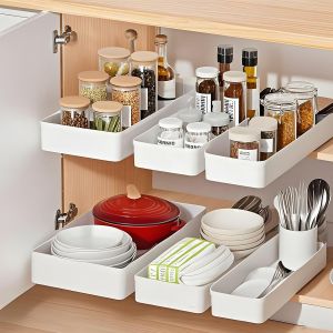 Lot De 3 Organiseurs D'Armoire De Cuisine Extensibles, Tiroirs Coulissants Pour Cuisines, Extensibles Et Rangement Sous L'Évier Dans La Cuisine Et La Salle De Bain, Pas De Perçage[APP8812605] - Neuf