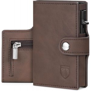 TIANYI-Portefeuille Homme Blocage RFID Pop Up Cuir Porte Carte, Porte Carte Bancaire - 8 Cartes, Couche de Billets, Fermeture Boutonn&eacute;e, Poche &agrave; Monnaie Zipp&eacute;e, Emballage de Bo&icirc;te Cadeau - Marron - Neuf
