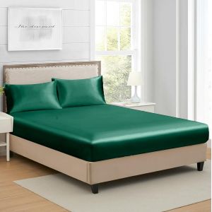 Drap Housse 160x200cm Vert Fonc&eacute; Satin Bonnet 30 Cm Microfibre Motif Parure Drap De Lit Soie Drap-Housse 160 X 200cm Uni Lisse Respirant Pour Matelas &Eacute;pais,Grand Bonnet 160 X 200 X 30 - Neuf