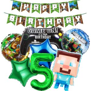 CAUC-Lot de 8 d&eacute;corations d'anniversaire pour gar&ccedil;on de 5 ans - Motif Miner Gamer - Dessin anim&eacute; - Ballons d'anniversaire d'enfant - Guirlande Happy Birthday - Guirlande pour enfants - Vert et bleu - - Neuf