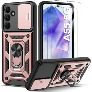 Kalanka-Coque Compatible Avec Samsung Galaxy A55 5g Avec 2 Verre Trempé, Lentille Coulissante Couverture, Support 360° Rotatif Militaire Pc Dur Renforcée Armor Antichoc Bumper Housse Etui - Or Rose - Neuf