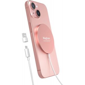 TRAHOO-Chargeur sans Fil Magn&eacute;tique 2-en-1 avec MagSafe - Design Ultra-Fin en Alliage d'Aluminium - Chargeur Rapide Compatible pour iPhone 17/16/15/14/13/12 et AirPods 4/3/2/Pro-Rose Poudr&eacute; - Neuf