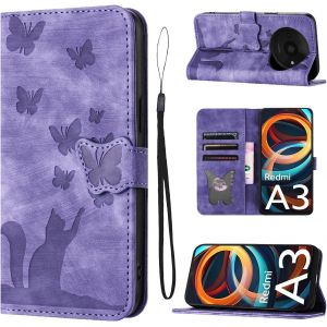 Kal-Housse Protection Pour Xiaomi Redmi A3 6.71 Pouces Matériau En Cuir Pu Coque Xiaomi Redmi A3 Avec Fentes Pour Cartes Étui Motif Papillon Chat Violet - Neuf