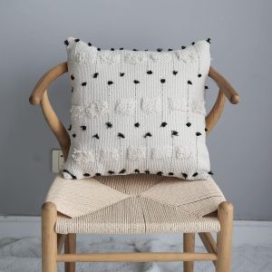 Tianyi-Housse De Coussin Bohème Noire Et Blanche Avec Pompons Décoratifs En Peluche Douce Tuftée Carrée Moderne Pour Canapé Lit 45 X 45 Cm - Neuf