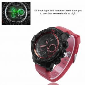 Montre-Bracelet Ronde Lumineuse A Double Affichage Analogique Et Numerique Smael, Retroeclairage Led, Bracelet Rouge - Neuf