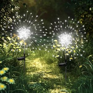 Lot De 2 Solaires Ext&eacute;rieur Jardin,120 Led Feux D'Artifice Solaires,&Eacute;tanche Lampe Solaire De Pissenlit Pour Cour, Pelouse, F&ecirc;te, Patio, D&eacute;coration De Mariage (Blanc Froid) - Neuf