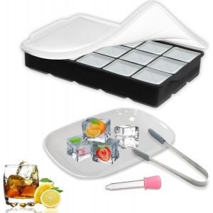 Kal-Bac A Glacon En Silicone Avec Couvercle Sans Bpa, Carré Moule Silicone Pour Bière, Cocktails, Whisky, Jus, Chocolat, Bonbons (Livré Avec Un Petit Bol, Une Pince À Glace Et Un Compte-Gouttes) - Neuf
