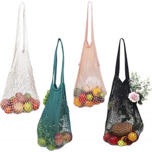 Filet de courses en maille (lot de 4) - Sac en coton avec poignée - Portable, réutilisable et lavable - Fruits, légumes, épicerie et jouets de plage - Neuf