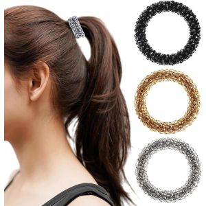 Kal-Lot De 3 Élastiques À Cheveux Pour Femme - Accessoires Pour Cheveux - Perles Élastiques - Support De Queue De Cheval En Strass - Pour Femmes Et Filles (Noir, Argent, Champagne) - Neuf