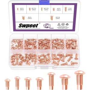 Lot de 170 rivets M2 M2,5 M3 M4 x 6 mm 8 mm 10 mm cuivre rouge solide rivets,semi-circulaires,pour la réparation de bateaux,avions - Neuf
