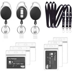 KALANKA-Porte Badge Avec Porte Carte Transparent, 3 Ensemble Comprend - Cordon, porte Badge Enrouleur et Porte Carte étanche, pour Porte Clé D'Identité (Noir B03) - Neuf
