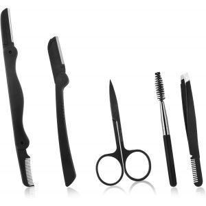ERYI-Ciseaux Sourcils Femme 5 En 1 Rasoir Sourcil Kit De Soins Sourcil En Acier Inoxydable Noir Rasoirs À Sourcils Brosse Sourcil Pince À Épiler Avec Peigne Ciseaux À Sourcils Pour Hommes Femmes - Neuf
