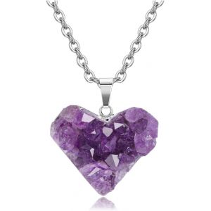 Collier Améthyste Pierre Naturelle Femme Pendentif En Coeur Pierre Précieuse Brute Cristal D'énergie Bijoux Cadeau Pour Maman Femme Fille Anniversaire - Neuf