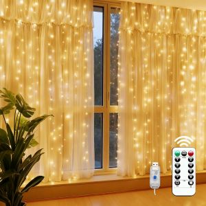 Kalanka-Rideau Lumineux Led 3x3m, 300 Leds, 8 Modes, Ip65 &Eacute;tanche, Guirlande Lumineuse Usb Avec T&eacute;l&eacute;commande, Guirlande D&eacute;corative Pour Chambre, Mariage, No&euml;l, Jardin (Blanc Chaud, 3 X 3m&iquest;300led&iquest;) - Neuf