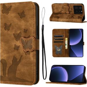 Kal-Housse Tablette Pour Xiaomi 13t / Xiaomi 13t Pro Matériau En Cuir Pu Coque Xiaomi 13t Avec Fentes Pour Cartes Motif Papillon Chat Coque Xiaomi 13t Pro Brun - Neuf