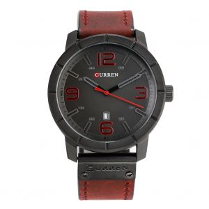 Montre A Quartz Curren Pour Homme, Bracelet En Cuir Synthetique, Etanche Jusqu'a 3 Atm, Calendrier (Noir Et Rouge) - Neuf