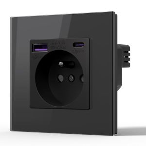 Prise Murale avec 20W USB C,Chargeur Rapide Multiprises,16A Prise avec Cristal,Prise de courant à Encastrer,1 Prise,86mm Noir - Neuf