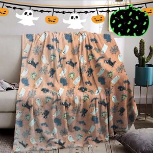Ytfhg-Couverture Douillette Halloween S'illumine Dans Le Noir, Citrouille Orange/Chauve-Souris Effrayante Impression Couverture S'illumine Dans Le Noir, Couverture De Canapé (C, 130x150cm) - Neuf