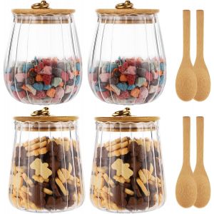 Cmws-4 Pcs Bocaux En Verre Avec Couvercle, 650ml Pot En Verre Avec Couvercle Bois Et Cuillère, Bocaux De Conservation En Verre Hermétique Pour Biscuits, Bonbons, Céréales, Fruits Secs - Neuf