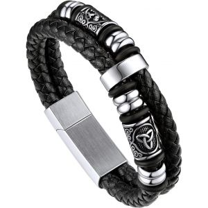 Eryi-Cadeaux Fête Des Pères - Personnalisable - Bracelet Viking/Football/Baseball/Perles D'acier Inoxydable, Bracelet Homme En Cuir Pu Tressé Avec Manchette Double Couche - Pour Papa Fils Petit-Ami - Neuf