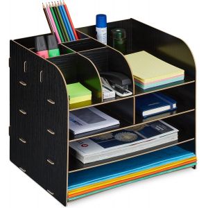 Organiseur Bureau avec étagères Documents,10 Compartiments,HxLxP: 27,5 x 32,5 x 25 cm,Rangement MDF,Noir - Neuf