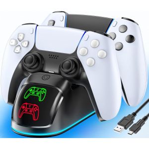 Station de Charge PS5, Chargeur Manette PS5 pour PlayStation 5 Dualsense et Edge avec Lumi&egrave;re RVB, Station de Charge de Manette PS 5 Rapide avec C&acirc;ble, Kit d`Accessoires de Chargeur PlayStation 5 - Neuf