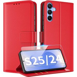 Kal-Coque Pour Samsung Galaxy S25 5g / S24 5g Coque Etui Avec Verre Trempé Porte Carte À Rabat Clapet Portefeuille Cuir Pochette Antichoc Flip Case Étui Cover Housse Protection Coque,Rouge - Neuf
